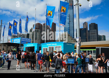 People lining up for buying tickets of Australian Open at Federation Square, Melbourne, Australia Stock Photo