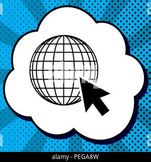 Earth Globe with cursor. Vector. Black icon in bubble on blue pop-art background with rays. Stock Vector