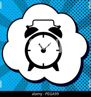 Alarm clock sign. Vector. Black icon in bubble on blue pop-art background with rays. Stock Vector