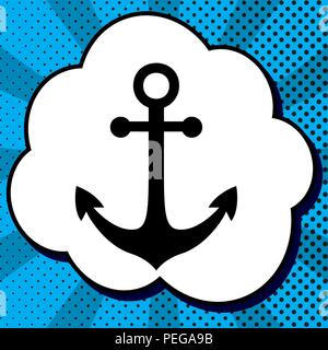 Anchor icon. Vector. Black icon in bubble on blue pop-art background with rays. Stock Vector
