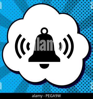 Ringing bell icon. Vector. Black icon in bubble on blue pop-art background with rays. Stock Vector