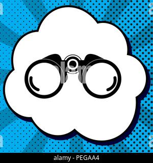 Binocular sign illustration. Vector. Black icon in bubble on blue pop-art background with rays. Stock Vector