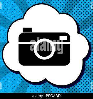 Digital photo camera sign. Vector. Black icon in bubble on blue pop-art background with rays. Stock Vector