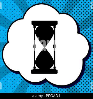 Hourglass sign illustration. Vector. Black icon in bubble on blue pop-art background with rays. Stock Vector