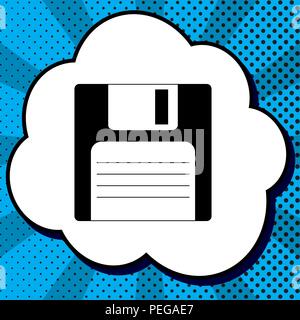 Floppy disk sign. Vector. Black icon in bubble on blue pop-art background with rays. Stock Vector