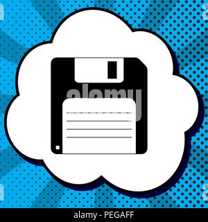 Floppy disk sign. Vector. Black icon in bubble on blue pop-art background with rays. Stock Vector