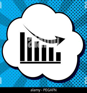 Declining graph sign. Vector. Black icon in bubble on blue pop-art background with rays. Stock Vector