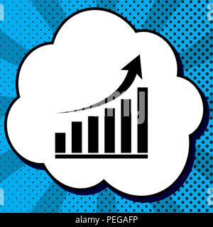 Growing graph sign. Vector. Black icon in bubble on blue pop-art background with rays. Stock Vector