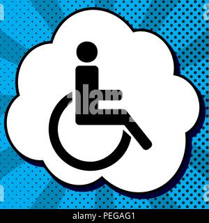 Disabled sign illustration. Vector. Black icon in bubble on blue pop-art background with rays. Stock Vector