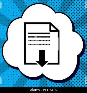 File download sign. Vector. Black icon in bubble on blue pop-art background with rays. Stock Vector