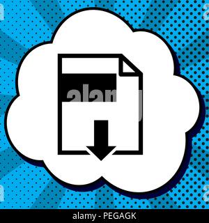 File download sign. Vector. Black icon in bubble on blue pop-art background with rays. Stock Vector