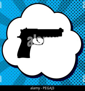 Gun sign illustration. Vector. Black icon in bubble on blue pop-art background with rays. Stock Vector