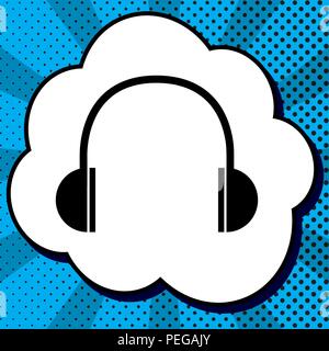 Headphones sign illustration. Vector. Black icon in bubble on blue pop-art background with rays. Stock Vector