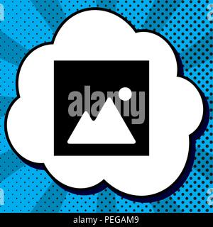 Image sign illustration. Vector. Black icon in bubble on blue pop-art background with rays. Stock Vector