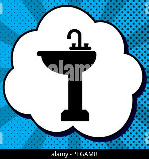 Bathroom sink sign. Vector. Black icon in bubble on blue pop-art background with rays. Stock Vector