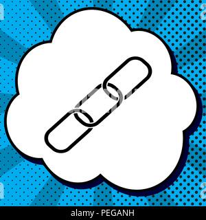 Link sign illustration. Vector. Black icon in bubble on blue pop-art background with rays. Stock Vector