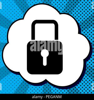 Lock sign illustration. Vector. Black icon in bubble on blue pop-art background with rays. Stock Vector