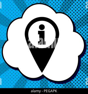 Map pointer with information sign. Vector. Black icon in bubble on blue pop-art background with rays. Stock Vector