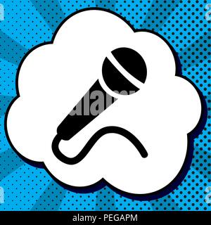Microphone sign illustration. Vector. Black icon in bubble on blue pop-art background with rays. Stock Vector