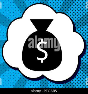 Money bag sign illustration. Vector. Black icon in bubble on blue pop-art background with rays. Stock Vector