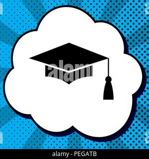Mortar Board or Graduation Cap, Education symbol. Vector. Black icon in bubble on blue pop-art background with rays. Stock Vector