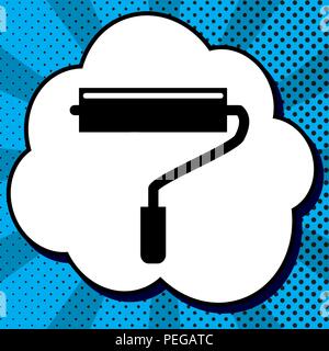 Roller sign illustration. Vector. Black icon in bubble on blue pop-art background with rays. Stock Vector