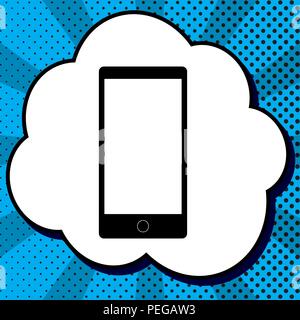 Abstract style modern gadget with blank screen. Template for any content. Vector. Black icon in bubble on blue pop-art background with rays. Stock Vector