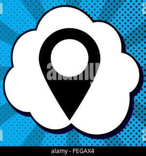 Mark pointer sign. Vector. Black icon in bubble on blue pop-art background with rays. Stock Vector