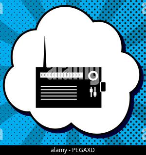 Radio sign illustration. Vector. Black icon in bubble on blue pop-art background with rays. Stock Vector