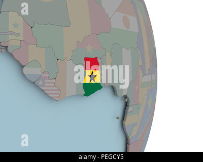 Ghana With Embedded National Flag On Blue Political 3d Globe. 3d 