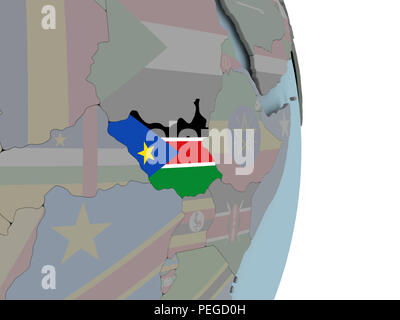 South Sudan with embedded national flag on political globe. 3D illustration. Stock Photo