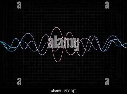 Equalizer vector illustration. Abstract wave icon set for music and sound. Pulsation color wavy motion lines on black background. Radio frequency graph. Graphic digital voice. Stock rate line. Stock Vector