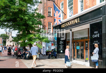 Marks & Spencer Food Hall, mens' fashion store and café in East Street, Chichester, West Sussex, a classic British high street business. Stock Photo