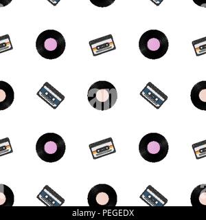 1980s retro seamless pattern. Vintage loopable background with vinyl records and audio tapes Stock Vector