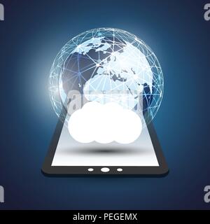 Cloud Computing Design Concept - Digital Network Connections, Technology Background with Earth Globe and Tablet PC Stock Vector