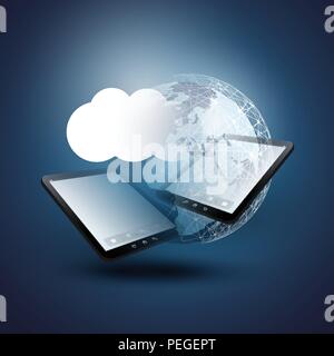Cloud Computing Design Concept - Digital Network Connections, Technology Background with Earth Globe and Tablet PC Stock Vector