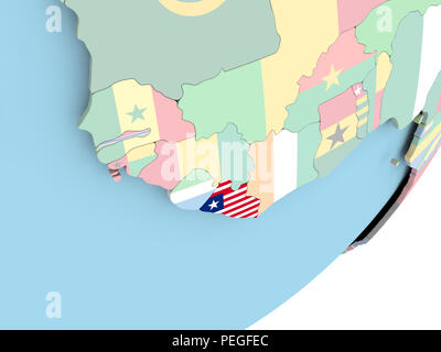 Liberia on bright political globe with embedded flag. 3D illustration ...