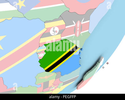 Tanzania on bright political globe with embedded flag. 3D illustration ...