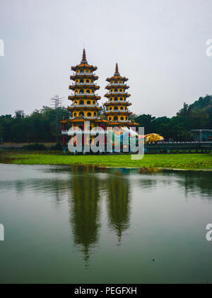 Dragon and Tiger Pagodas at lotus pond lake in Kaohsiung Taiwan Stock Photo