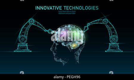 Low poly robot android brain machine learning. Innovation technology artificial intelligence human cyborg smart data. Virtual reality digital danger warning polygonal business technology concept. Stock Vector