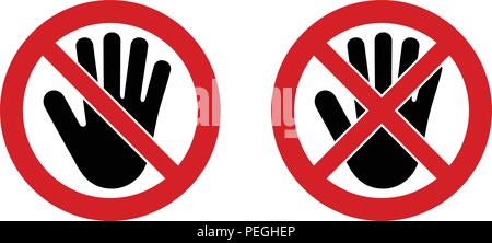 No entry symbol. Black hand icon in crossed and doublecrossed red circle Stock Vector