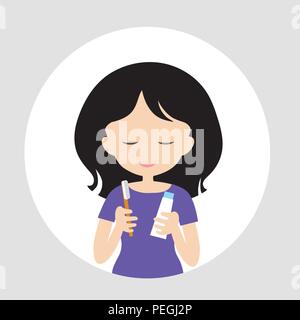 Young woman smiling and standing in front of mirror in hand holding toothbrush and toothpaste, isolated on white background - circle vector, flat desi Stock Vector