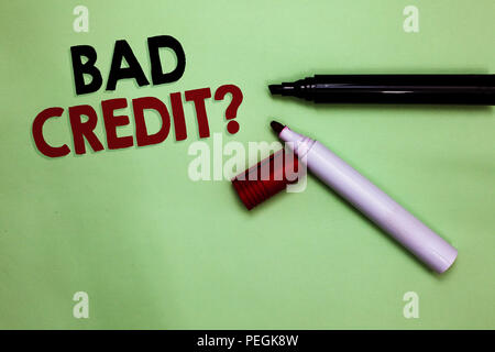 Text sign showing Bad Credit question. Conceptual photo history when it indicates that borrower has high risk Open markers Inspiration communicating i Stock Photo