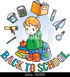 Welcome back to school. Cute school kid ready to education. Design element for print, t-shirt, poster, card, banner. Vector illustration Stock Vector