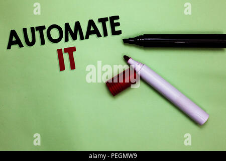 Text sign showing Automate It. Conceptual photo convert process or facility to be operated automatic equipment. Open markers Inspiration communicating Stock Photo