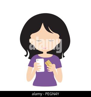 Young woman holding a mobile phone and shopping online with a credit card, isolated on a white background - vector, flat design Stock Vector