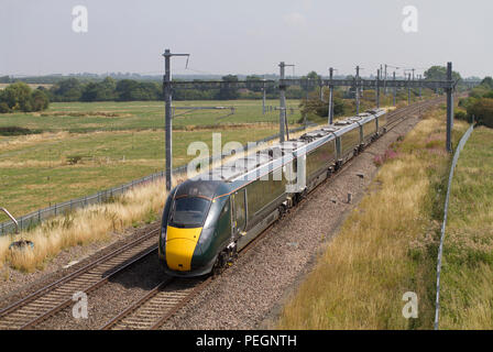 A class 800 IET (Intercity Express Train) number 800023 working a Great Western Railway service at South Marston on the 6th August 2018. Stock Photo