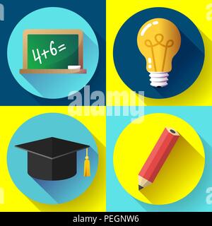 Education icon set on white background. Lightbulb, pencil, graduate hat, slate, Stock Vector