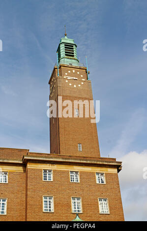 A view of the clock tower at the City Hall at Norwich, Norfolk, England, United Kingdom, Europe. Stock Photo