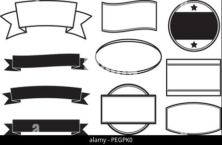 Big set of black solid style templates for round rubber stamps and ribbon banners. Stock Vector